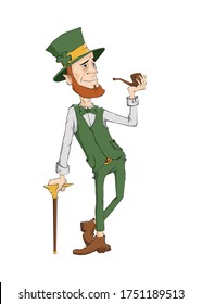 Leprechaun with pipe and walking stick. Vector illustration for Saint Patricks day.