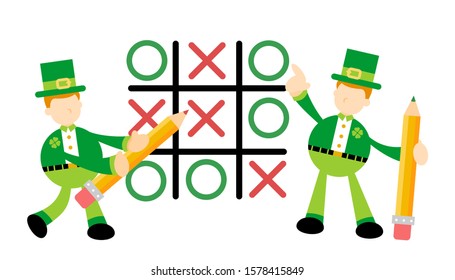 Leprechaun Play Tic Tac Toe Game Cartoon doodle flat design style vector illustration