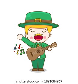 Leprechaun tocando la guitarra Saint patrick day caricatura personaje aislado de fondo blanco.