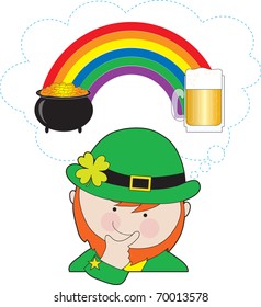 A leprechaun is pondering what is at the ends of the rainbow - a pot of gold or a mug of beer?