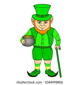 Leprechaun pop art. happy St. Patrick holds a cauldron full of gold coins in his hands. vector illustration. Object on a white background