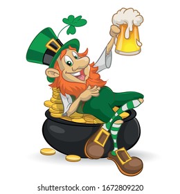 Leprechaun In A Pot With Coins And A Beer