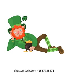 Leprechaun with a pot of coins Isolated on a white background. Vector graphics.