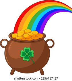Leprechaun pot full of gold coins with rainbow. St Patrick's day celebration
