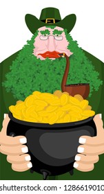 Leprechaun and Pot of gold. beard in Shamrock face. Clover mustache. Ireland holiday. St. Patrick's Day. Traditional Irish holiday. Green leaves trefoil