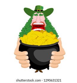 Leprechaun and Pot of gold. beard in Shamrock face. Clover mustache. Ireland holiday. St. Patrick's Day. Traditional Irish holiday. Green leaves trefoil