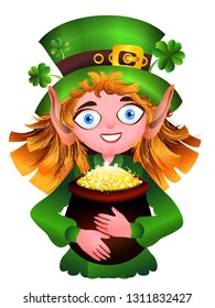 Leprechaun with a pot of gold and clover