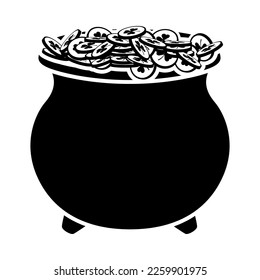 Leprechaun pot with gold coins. Cartoon element of Irish beer festival St Patrick's day. Vector Illustration.