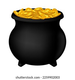 Leprechaun pot with gold coins. Cartoon element of Irish beer festival St Patrick's day. Vector Illustration.