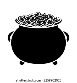 Leprechaun pot with gold coins. Cartoon element of Irish beer festival St Patrick's day. Vector Illustration.