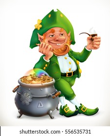 Leprechaun And Pot Of Gold Coins. Feast Of Saint Patrick 3d Vector Icon