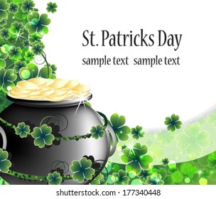 Leprechaun Pot with gold coins on abstract clover background. St. Patrick's Day abstract background