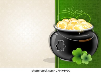 Leprechaun pot with gold coins on vintage green and beige background. St. Patrick's Day abstract background
