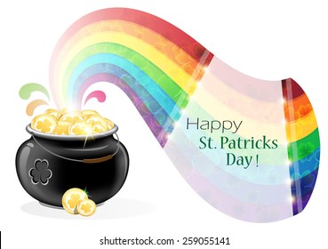 Leprechaun pot with gold coins and rainbow on white background. St. Patrick's Day background.