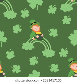 Leprechaun with pot of gold coins seamless pattern. Festive Irish Celebration Green Background With leprechaun for St. Patrick's Day. Vector illustration