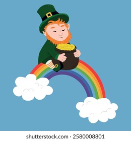 Leprechaun with pot of gold coins sitting on a rainbow. A cartoon dwarf for St. Patrick's Day  is perfect for festive decoration. Vector illustration