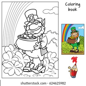 Leprechaun with pot of gold. Coloring book. Cartoon vector illustration