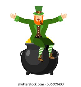 Leprechaun and pot of gold. Dwarf with red beard and boiler of golden coins. Legendary treasures for lucky. St.Patrick 's Day. Holiday in Ireland