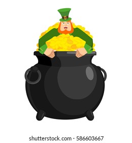 Leprechaun in pot gold. Dwarf with red beard and bowler golded coins. Legendary treasures for lucky. St.Patrick 's Day. Holiday in Ireland