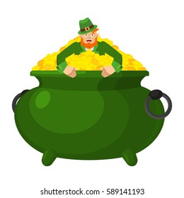 Leprechaun in pot gold. Dwarf with red beard and bowler golded coins. Legendary treasures for lucky. St.Patrick 's Day. Holiday in Ireland