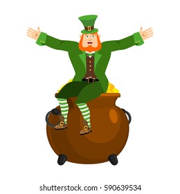 Leprechaun and pot of gold. Dwarf with red beard and boiler of golden coins. Legendary treasures for lucky. St.Patrick 's Day. Holiday in Ireland