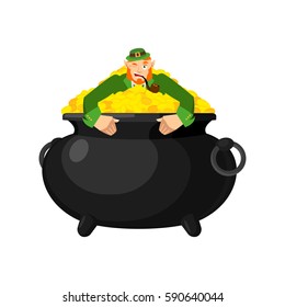 Leprechaun in pot gold. Dwarf with red beard and bowler golded coins. Legendary treasures for lucky. St.Patrick 's Day. Holiday in Ireland