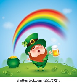 Leprechaun with pot of gold at the end of rainbow