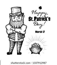 Leprechaun with a pot of gold, engraving. Happy St. Patrick's Day