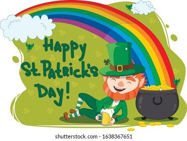 Leprechaun with a pot of gold and four leaf clover and luck. Illustration for St. Patrick's Day. Vector illustration. Happy St Patrick's Day celebration card template. Hand written brush lettering.