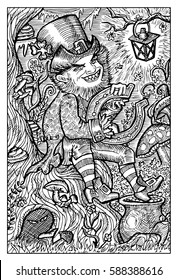 Leprechaun and pot with gold. Hand drawn vector illustration. Engraved line art drawing, black and white doodle. See all fantasy collection in my portfolio set.