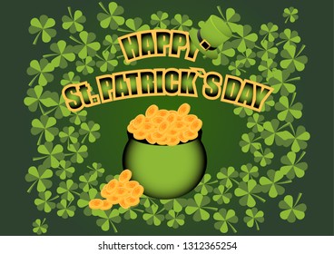 Leprechaun pot of gold. Happy Saint Patrick Day vector card