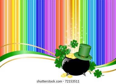 Leprechaun pot of gold and hat on rainbow background with clover