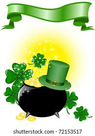 Leprechaun pot of gold and hat on a shimmering background with clover