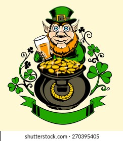 Leprechaun with pot of gold and holding a beer. Illustration for St. Patrick's Day.