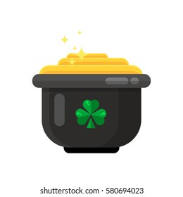 Leprechaun pot of gold icon in flat style design. Irish St. Patrick Day symbol of luck. Lucky treasure element. Vector illustration.