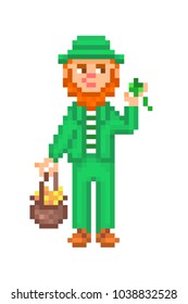 Leprechaun with pot of gold and lucky shamrock, pixel art isolated on white background. Irish folklore character. St. Patrick's Day card. Old school 8 bit slot machine icon. Retro video game graphics.