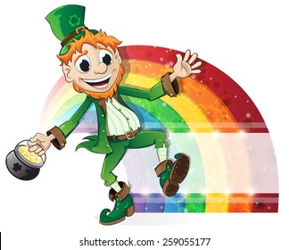 Leprechaun with a pot of gold on rainbow background. St. Patrick's Day background