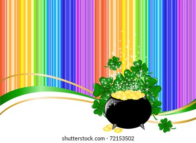 Leprechaun pot of gold on rainbow background with clover