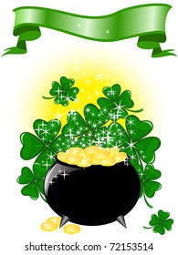 Leprechaun pot of gold  on a shimmering background with clover and ribbon