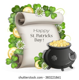 Leprechaun pot of gold and paper scroll with clover on a white background. St. Patrick's Day symbols.