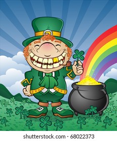 A leprechaun with a pot of gold and a rainbow in a green field of clover