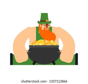 Leprechaun and Pot of gold. St. Patricks Day character. Irish holiday. Dwarf in green hat