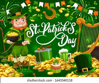 Leprechaun with pot of gold, St Patricks Day vector design. Irish holiday elf with green shamrock, hat and beer, lucky clover leaves, horseshoe and golden coins, treasure cauldron, drum, bagpipe