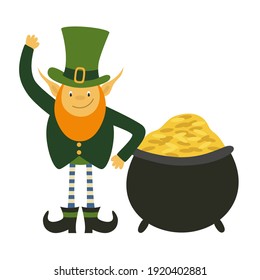 Leprechaun with pot of gold. St Patricks Day cartoon character in green hat lean on cauldron with gold and waving. Flat vector illustration isolated on white background.

