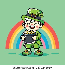 Leprechaun with Pot of Gold, St. Patrick's Day Illustration