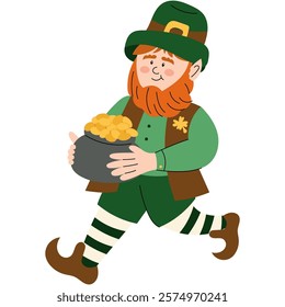 Leprechaun with a pot of gold, symbolizing luck and prosperity for St. Patrick’s Day. Happy St Patrick's day greeting card