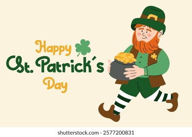 Leprechaun with a pot of gold, symbolizing luck and prosperity for St. Patrick’s Day. Happy St Patrick's day greeting card