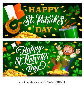 Leprechaun con una olla de banderas de vector de oro de la fiesta irlandesa del Día de San Patricio. Hojas verdes de trébol o shamrock, herradura y monedas doradas, bandera de Irlanda y arcoíris del tesoro con caldero