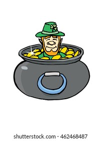 Leprechaun in a pot of gold, vector illustration