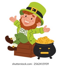 Leprechaun with a Pot of Gold and Wooden Box